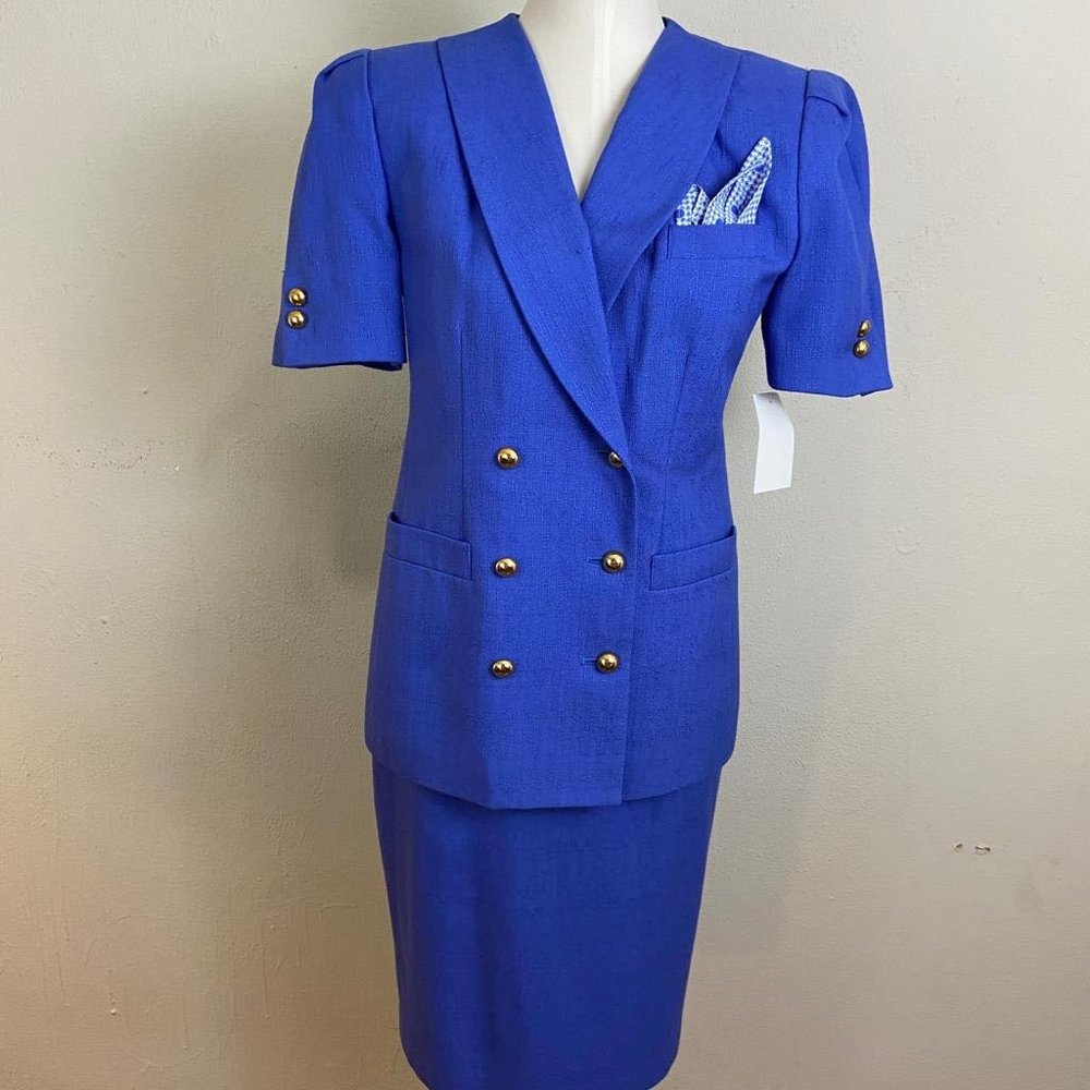 Vintage 80s Electric Blue Linen Sophisticated Blazer and Skirt Set
